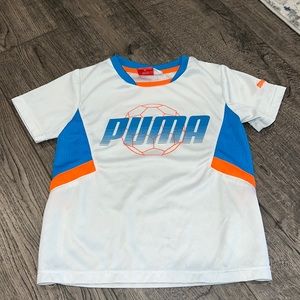 Puma boys sport lifestyle soccer shirt white, blue and orange size 4 EUC